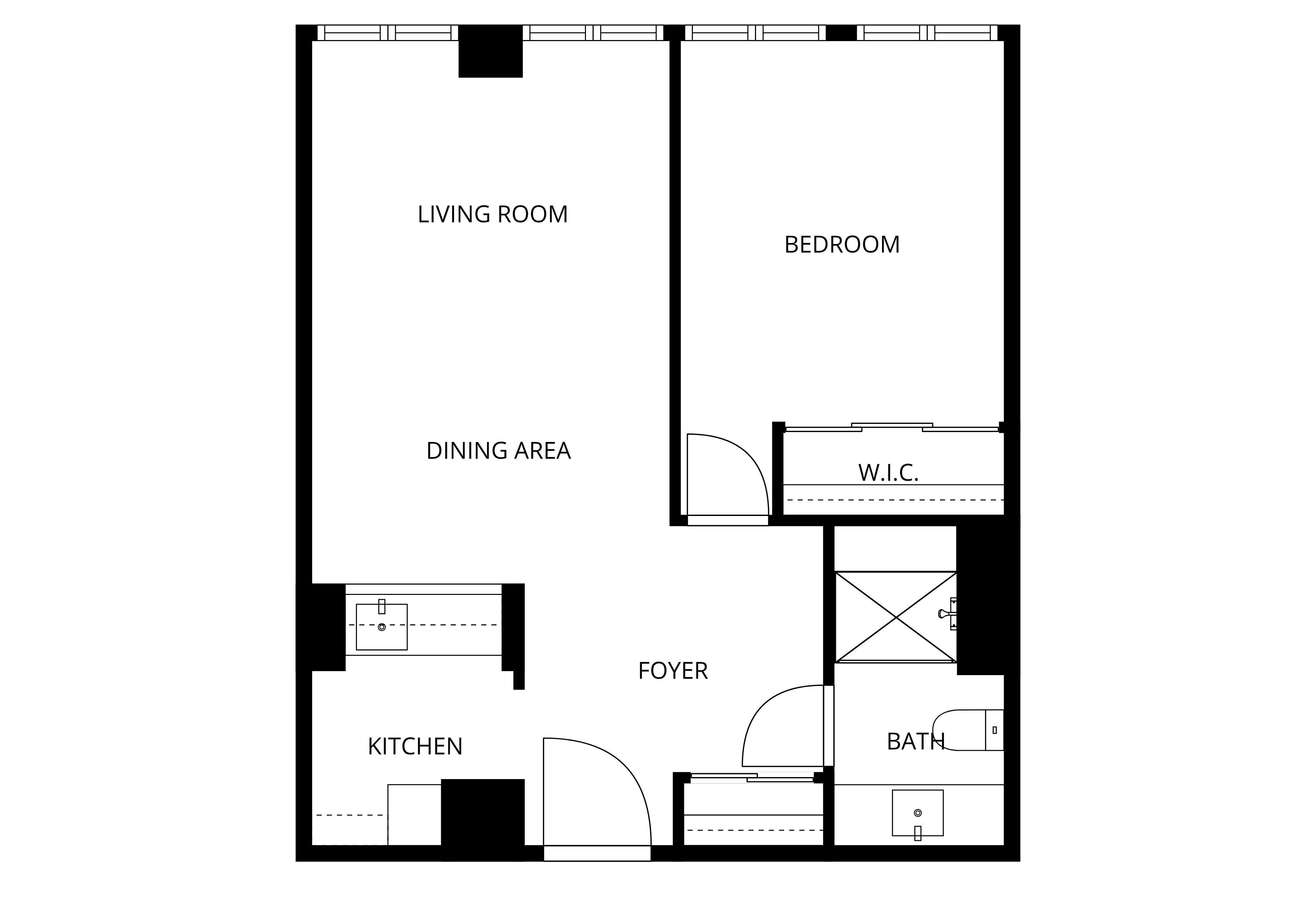 2D floor plan for a one-bedroom assisted living unit