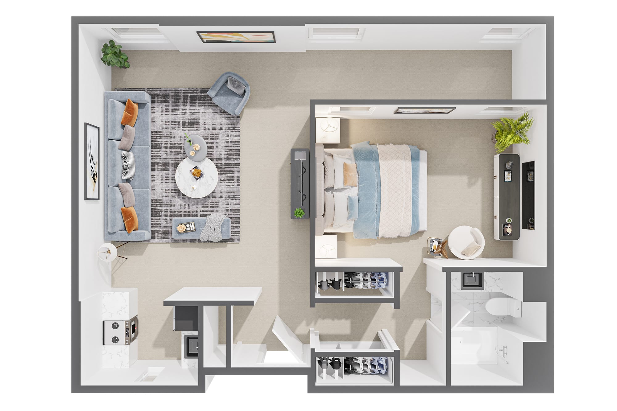 3D isometric floor plan for a studio unit