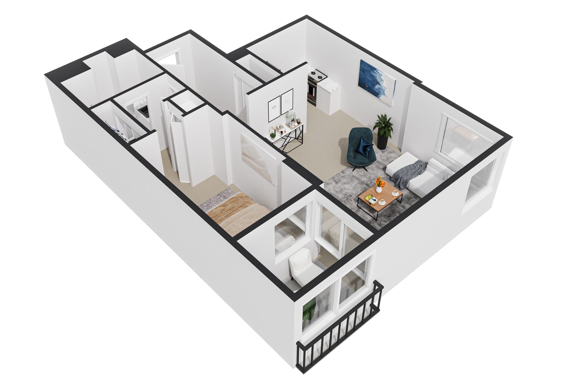 3D isometric floor plan for a one-bedroom unit